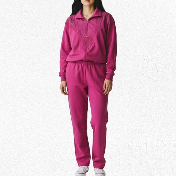 Vintage 80s Hot Pink Tracksuit Set Half Zip Jacket Straight Leg Pants Size Large - Picture 2 of 16